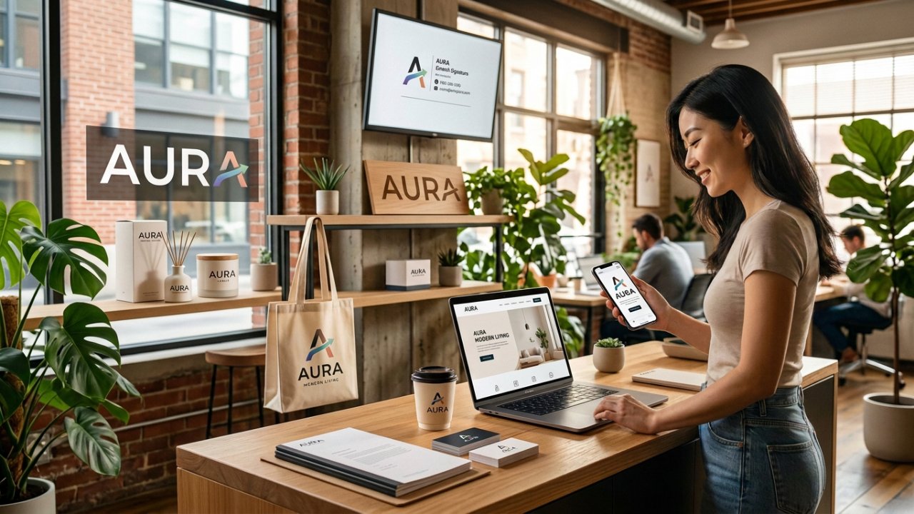 Entrepreneur showcasing a professional AI-generated logo applied consistently across a website, mobile app, packaging, signage, merchandise, and branded marketing materials.