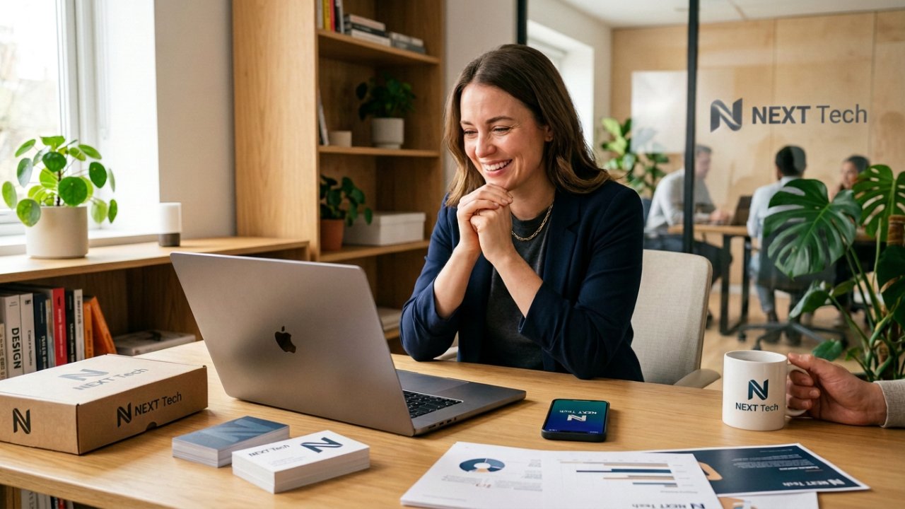 Professional brand identity created with AI, featuring a logo consistently applied to business cards, product packaging, mobile app, and marketing materials.