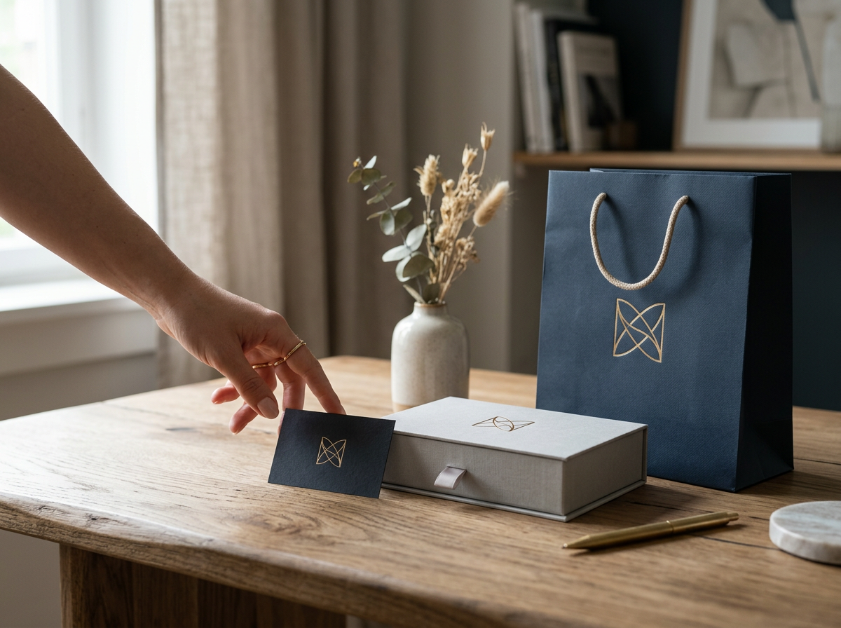 A beautifully designed business card, product package, and shopping bag with visible logos