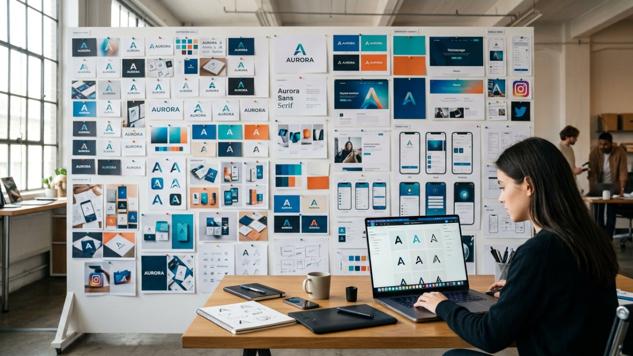 Designer exploring multiple AI-generated logo concepts, color palettes, typography, and brand identity assets to create a cohesive visual identity.