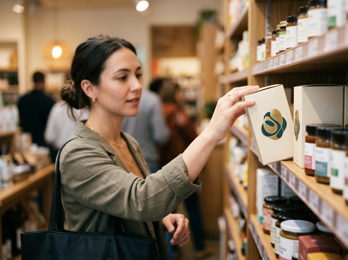 A woman buying an item with a visible logo on the packaging