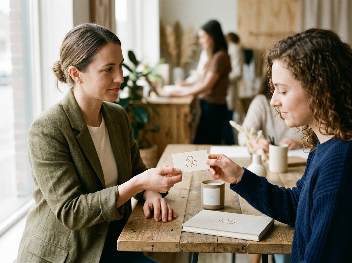 2 women exchanging calling cards with a logo