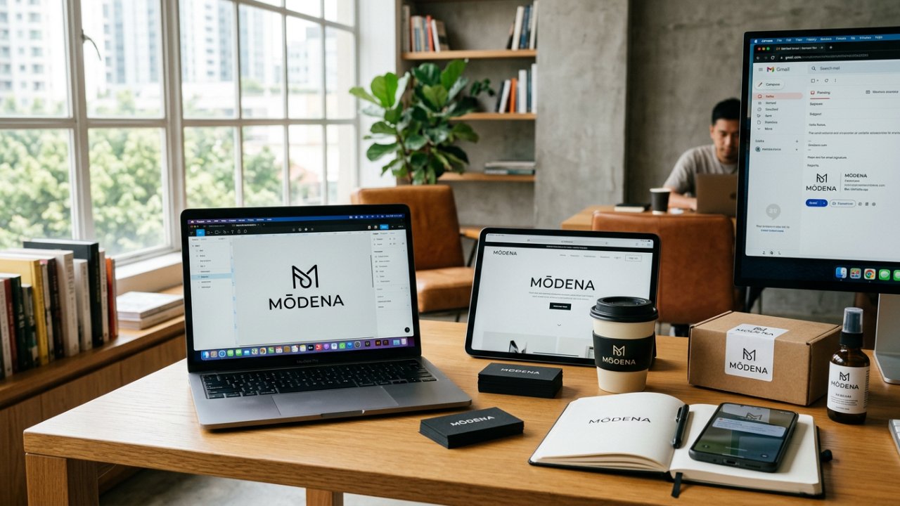 AI-generated logo displayed consistently across a website, business cards, packaging, coffee cup, email signature, and mobile device to showcase a complete brand identity.
